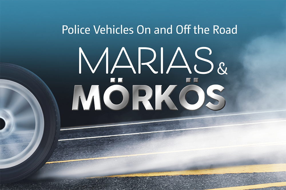 Logo of the Marias and Mörkös exhibition, with texts including the name of the exhibition and “Police Vehicles On and Off the Road”. In addition to the text, the picture shows a tyre spinning on asphalt, and smoke.